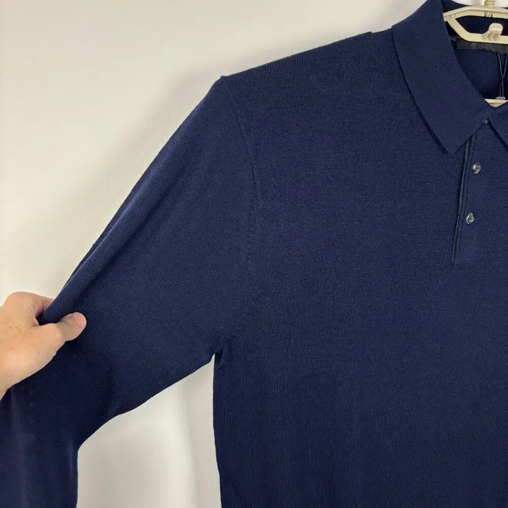 Raffi NEW Navy Blue Merino Wool Long Sleeve Polo Sweater XXL 2XL